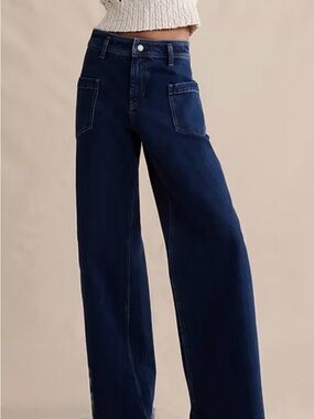 Wide Leg Dark Indigo Jeans with Raw Hem
